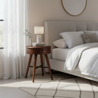 Nash Bedside Nakas Retro Bulat Kayu Jati 1 Laci