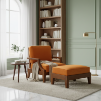 Sofa Santai Single Kayu Jati Minimalis Plus Ottoman