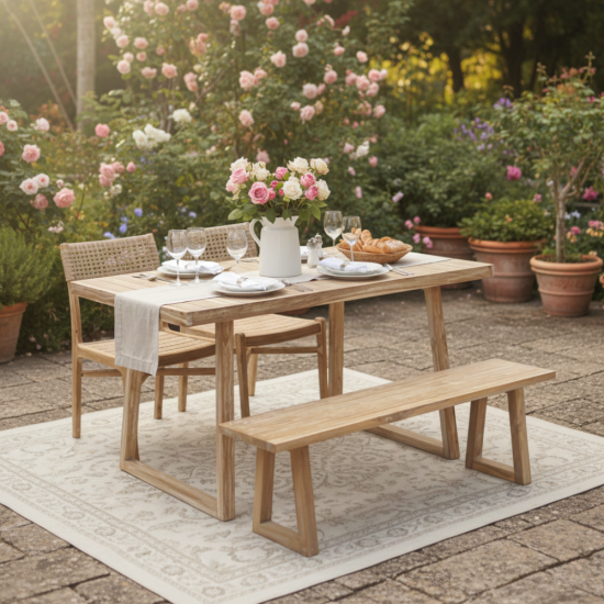 Teak Rustic Water Based Outdoor Dining Table Chairs