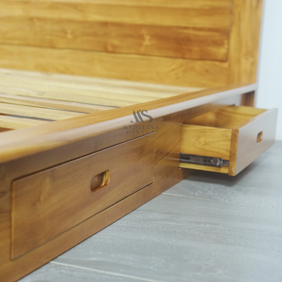 Tempat Tidur Minimalis Dengan 2 Laci Kayu Jati Solid