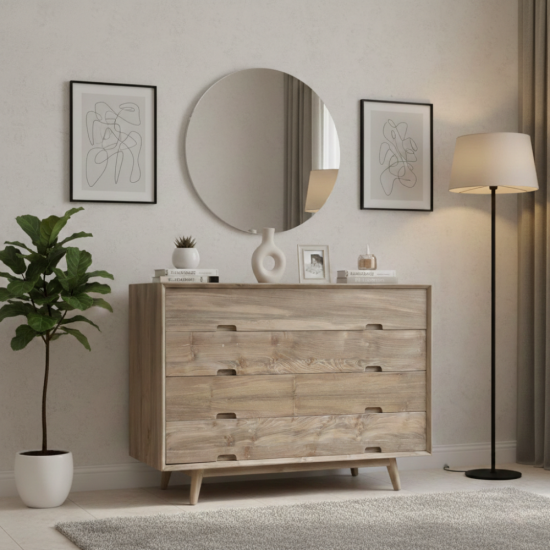 Mid-Century Modern Recycled Teak 4 Drawer Dresser