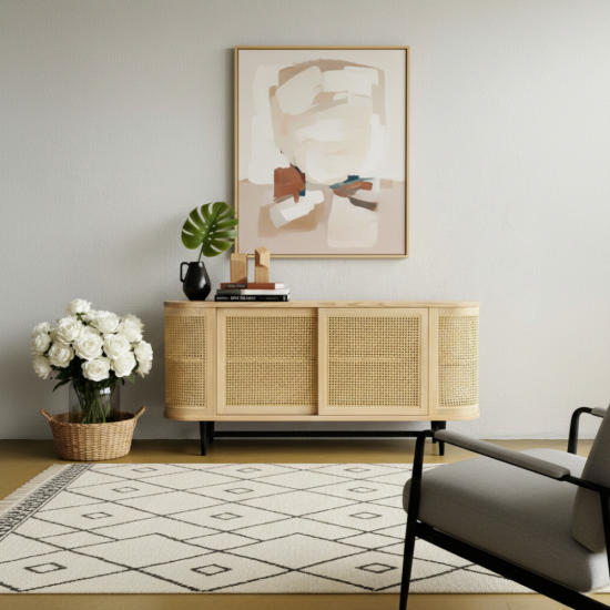 Mina Dual-Tone Sideboard Bufet Ruang Tamu Kombinasi Rotan