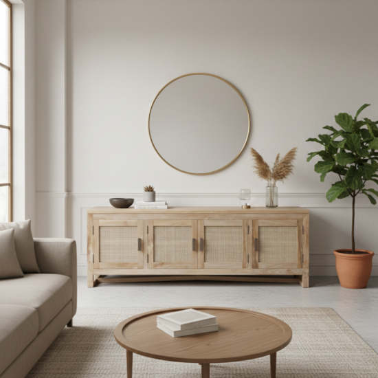 Minimalist Buffet Made of Old Teak and Rattan Woven with 4 Doors Minimalist Buffet Made of Old Teak and Rattan Woven with 4 Doors