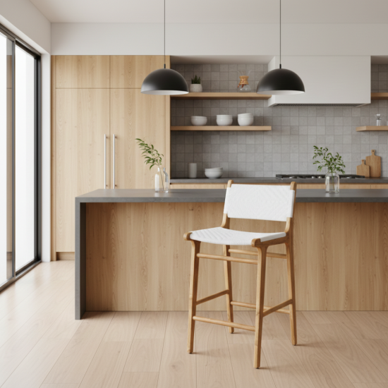 Nadia Barstool Kursi Bar Kayu Jati Anyaman Rotan White