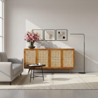Omeir Sideboard Bufet Retro RuangTamu 4 Pintu Anyaman Rotan