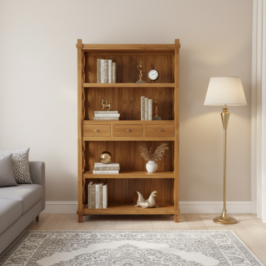 Rak Buku dan Pajangan Minimalis Kayu Jati 3 Laci