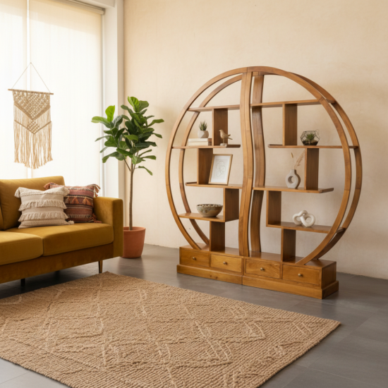 Rak Pajangan Ruang Tamu Kayu Jati Model Yin Yang