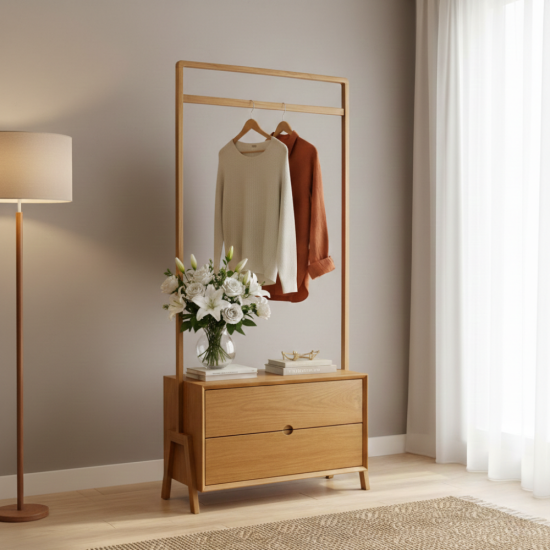 Rak Tempat Gantungan Baju Kayu Jati Solid 2 Laci