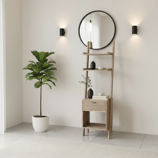 Reclaimed Teak Ladder Shelf with Storage Drawer