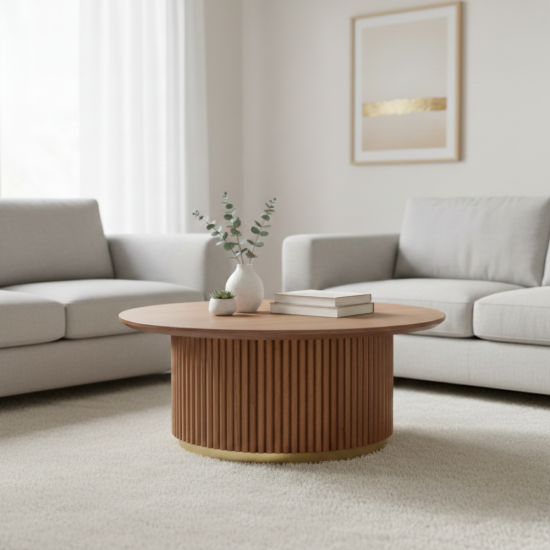Sahar Coffee Table Meja Kopi Bulat Salur Kayu Solid