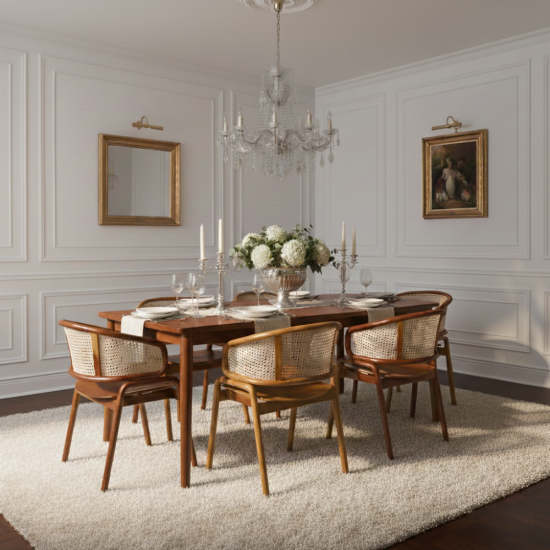 Set Kursi Meja Makan Retro Kombinasi Anyaman Rotan 6K