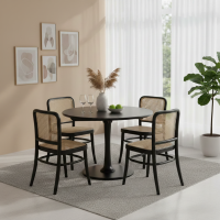 Set Meja Makan Cafe Bulat 4 Kursi Anyaman Rotan