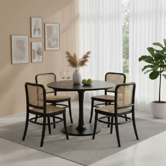 Set Meja Makan Cafe Bulat 4 Kursi Anyaman Rotan