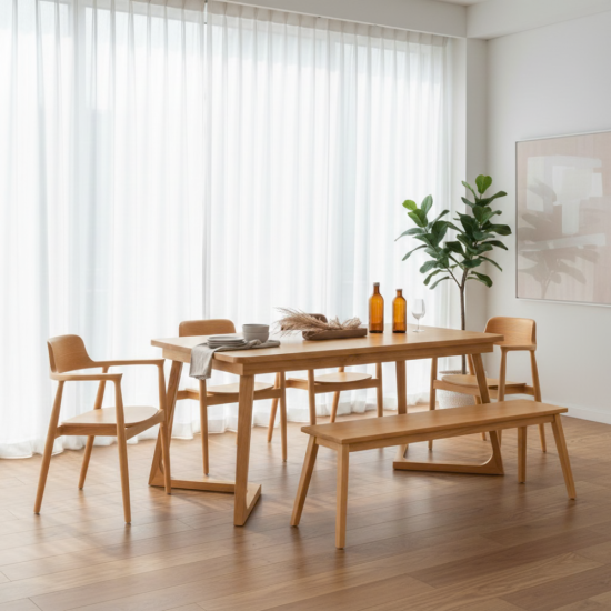 Set Meja Makan Minimalis Scandinavian 4 Kursi + Bangku