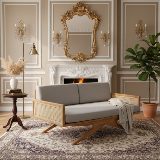 Sofa Bench Kayu Jati Kombinasi Rotan Scandinavian