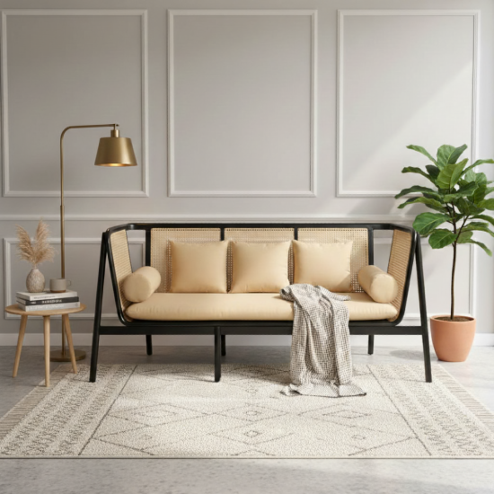 Sofa Kayu Jati Kombinasi Rotan Alami 3 Seater