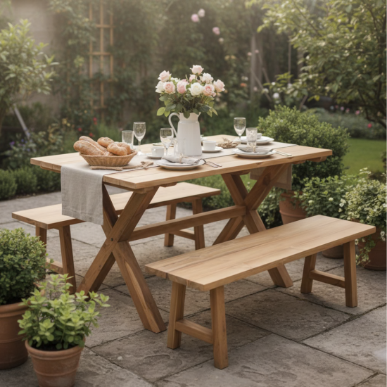 Teak Wood Minimalist Outdoor Garden Bench Table Set