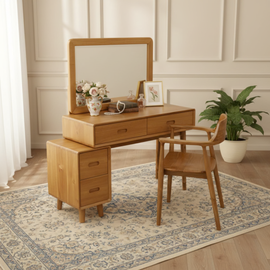 Tolet Meja Rias Minimalis Kayu Jati Set Kursi Retro