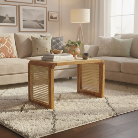 Side Table Meja Baca Estetik Kayu Anyaman Rotan