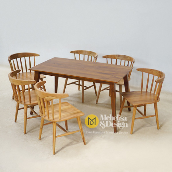 Set Meja Makan Kursi 6 Model Retro Kayu Jati