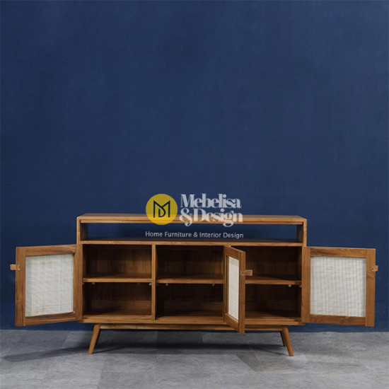 Credenza Bufet TV Modern Retro Kayu Jati Mix Rotan