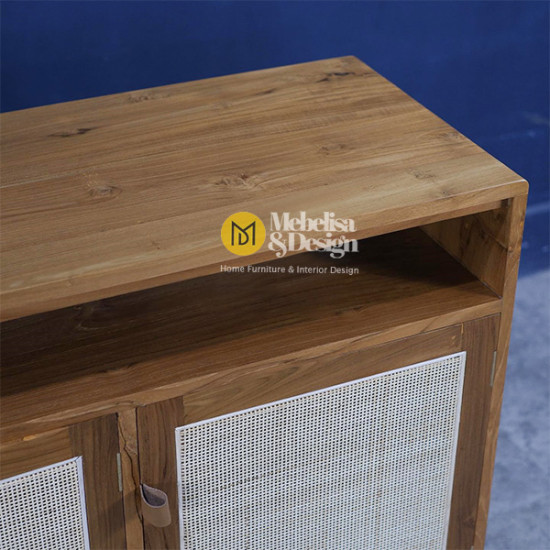 Credenza Bufet TV Modern Retro Kayu Jati Mix Rotan