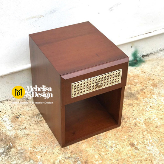 Minimalis Meja Nakas Jati Laci Rotan Alena