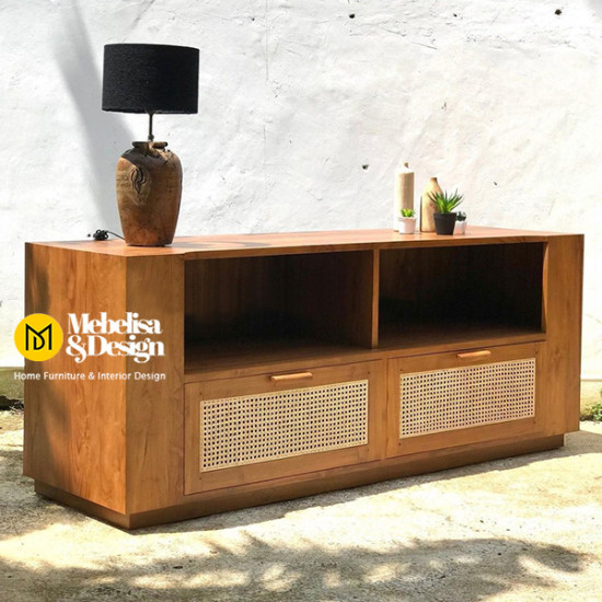 Bufet TV Minimalis Kayu Jati Laci Rotan