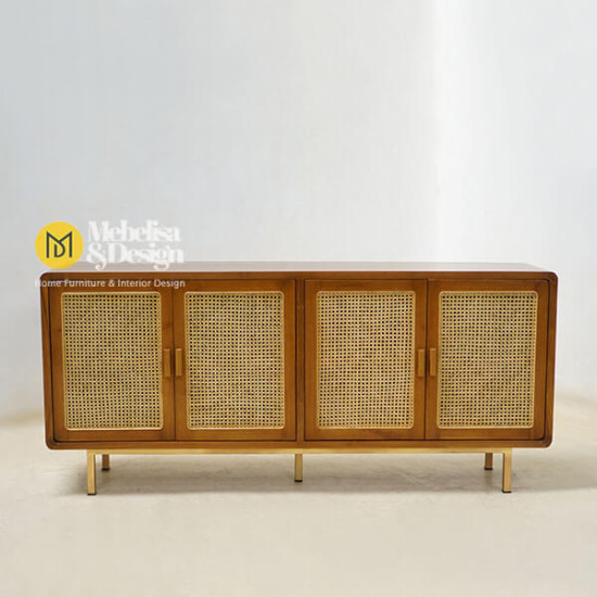 Bufet Crezenda Kayu Jati Mix Rotan Kaki Besi