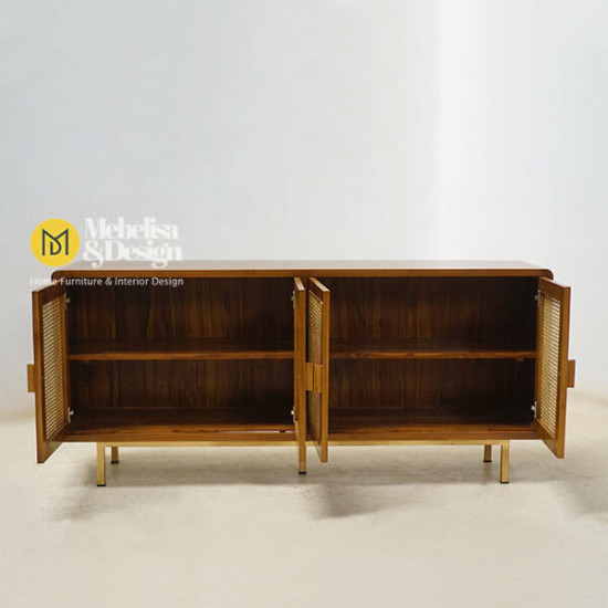 Bufet Crezenda Kayu Jati Mix Rotan Kaki Besi