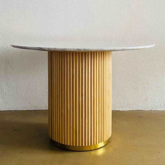 Aliya Dining Table Meja Makan Marmer Bundar Salur Kayu Solid