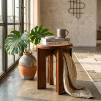 Aman Stool Bangku Stool Bundar Kayu Jati Kombinasi Anyaman