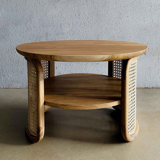 Bali Coffee Table Meja Tamu Bulat Jati Kombinasi Anyaman Rotan