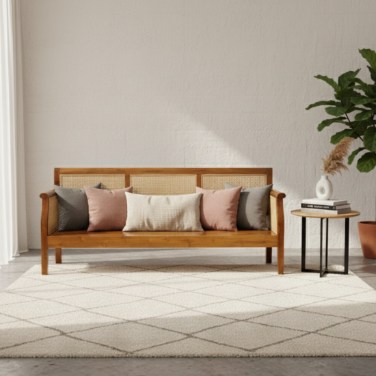 Bangku Santai Minimalis Panjang Kayu Jati Mix Rotan