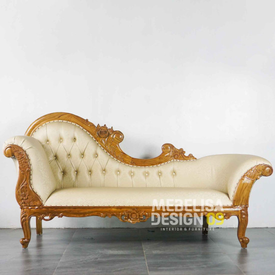 Bangku Sofa Lois Ukiran Kayu Jati Kain Jok Motif