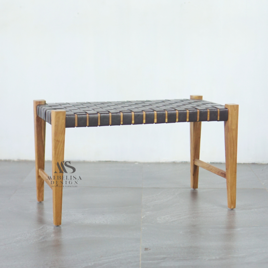 Bangku Stool Kayu Jati Dudukan Anyaman Kulit