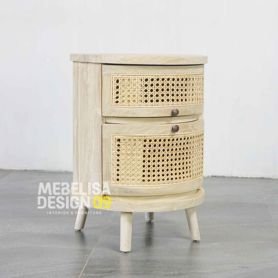 Bedside Meja Nakas 2 Laci Anyaman Rotan Retro Bleaching
