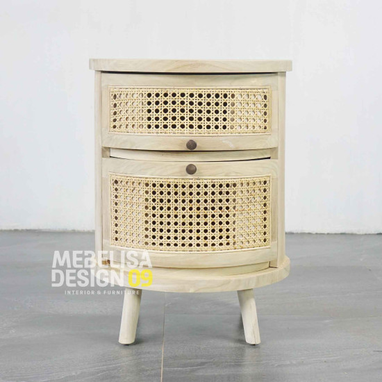 Bedside Meja Nakas 2 Laci Anyaman Rotan Retro Bleaching
