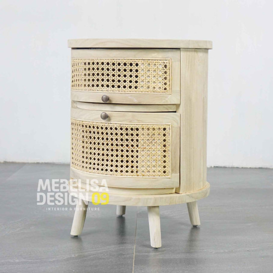 Bedside Meja Nakas 2 Laci Anyaman Rotan Retro Bleaching