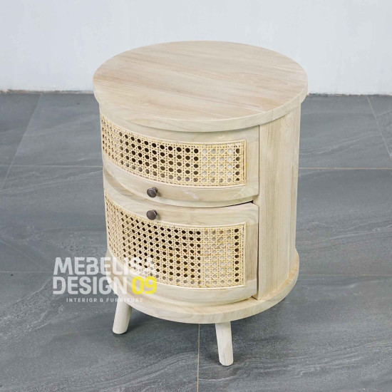 Bedside Meja Nakas 2 Laci Anyaman Rotan Retro Bleaching