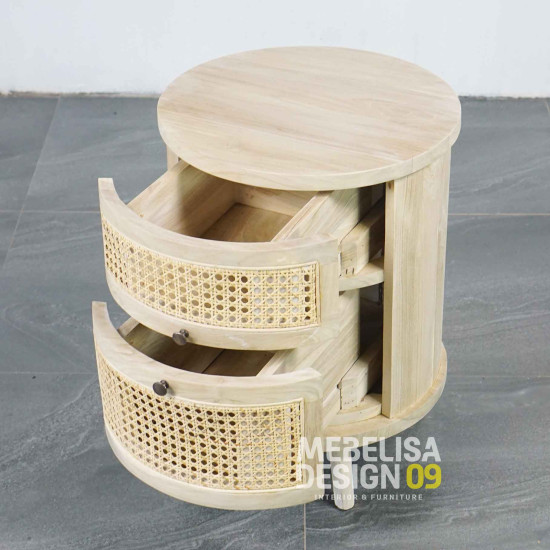 Bedside Meja Nakas 2 Laci Anyaman Rotan Retro Bleaching