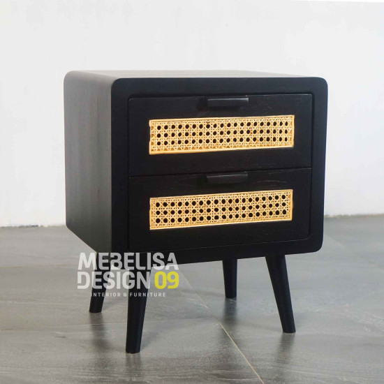 Bedside Nakas Jati Laci Rotan Retro Black Bedside Nakas Jati Laci Rotan Retro Black