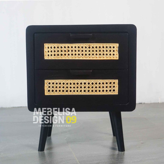 Bedside Nakas Jati Laci Rotan Retro Black Bedside Nakas Jati Laci Rotan Retro Black