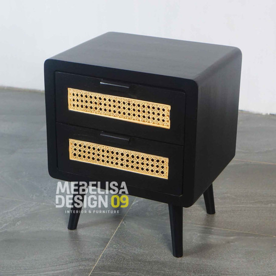 Bedside Nakas Jati Laci Rotan Retro Black Bedside Nakas Jati Laci Rotan Retro Black