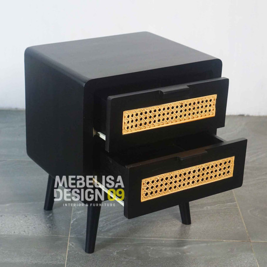 Bedside Nakas Jati Laci Rotan Retro Black Bedside Nakas Jati Laci Rotan Retro Black