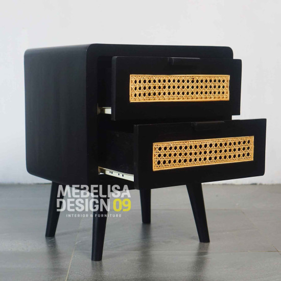 Bedside Nakas Jati Laci Rotan Retro Black Bedside Nakas Jati Laci Rotan Retro Black