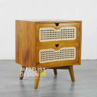 Bedside Nakas Retro Lengkung 2 Laci Kayu Jati Mix Rotan