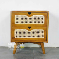 Bedside Nakas Retro Lengkung 2 Laci Kayu Jati Mix Rotan