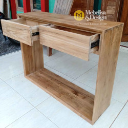 Contemporary Recycled Teak Wood Console Table With 2 Drawers