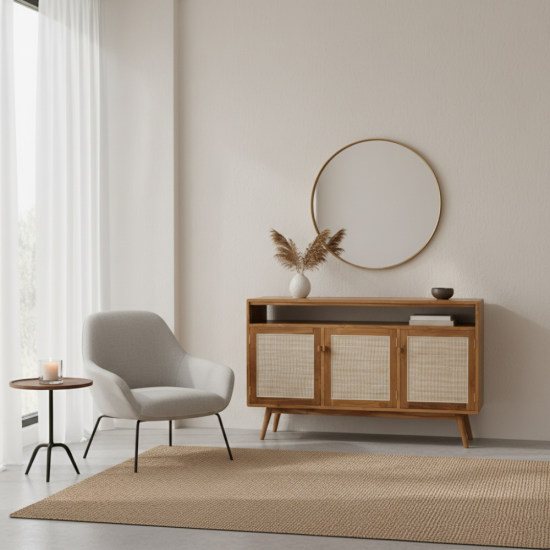 Credenza Bufet TV Modern Retro Kayu Jati Mix Rotan